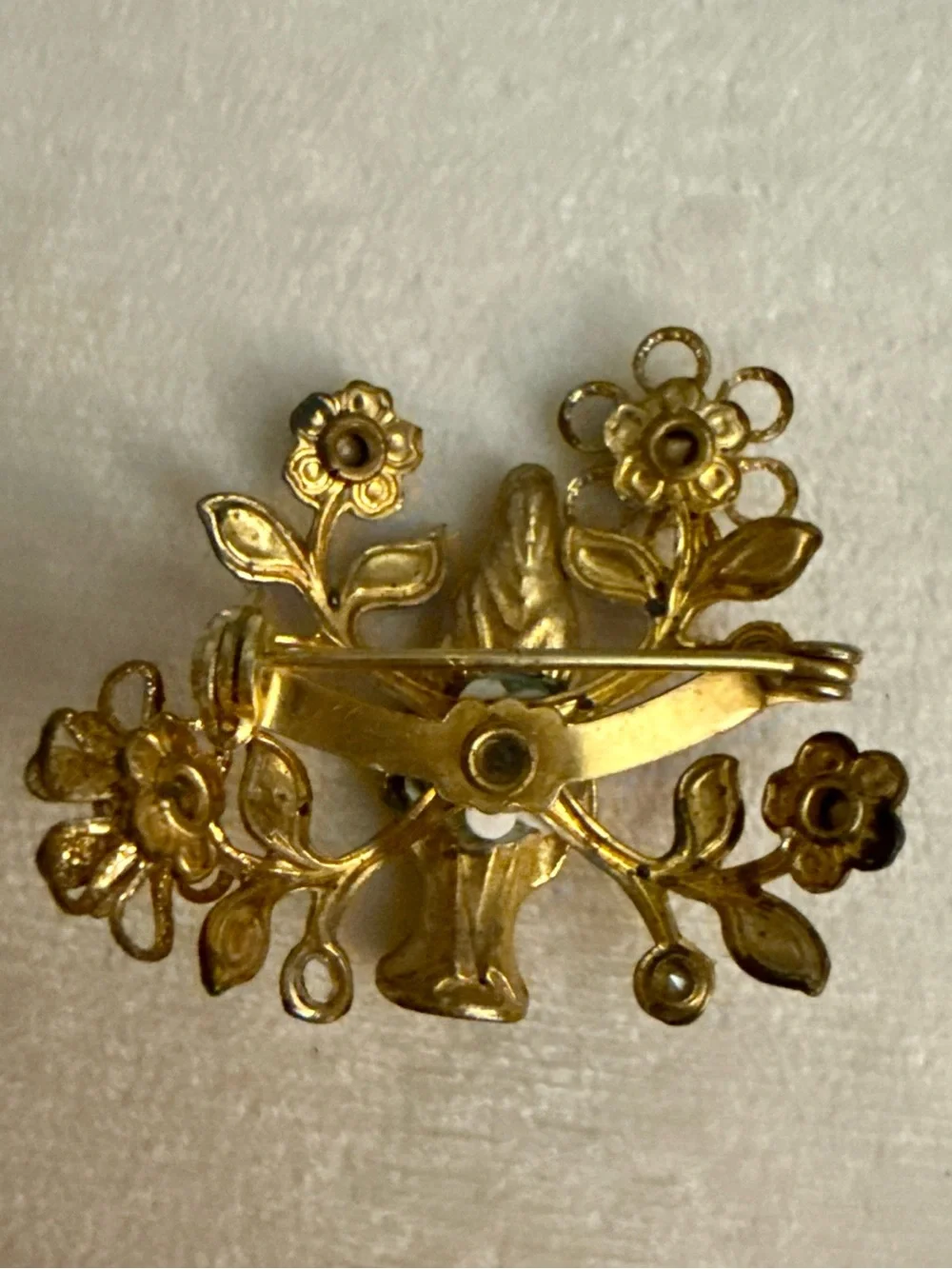 Vintage Gold-Tone Religious Floral Brooch with AB Iridescent Crystal Accents